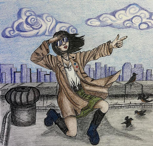 Illustration of Woman on Rooftop